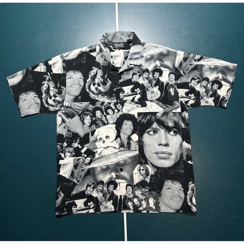 Classic Rock Legends Button Up Shirt XL Hendrix Stones Led Zep The Doors Who Aop